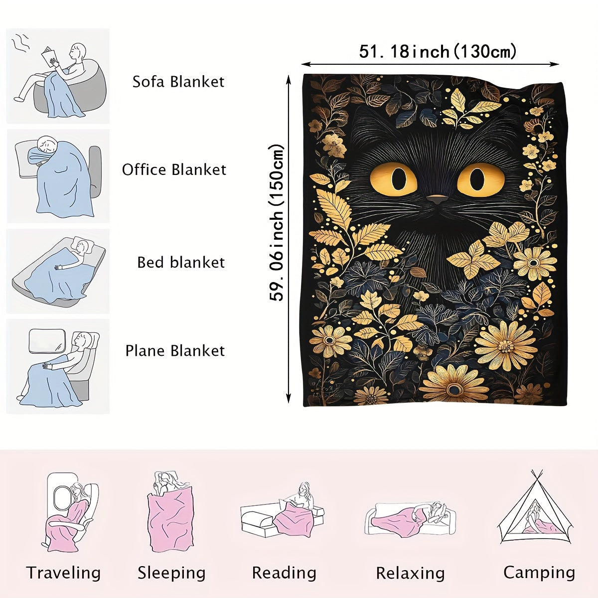 One-piece Halloween Black Cat Soft Plush Throw Blanket featuring a modern style that is suitable for both men and women. This all-season blanket is multifunctional and made from cozy flannel fabric weighing 200-250g. It has a polyester cover with a