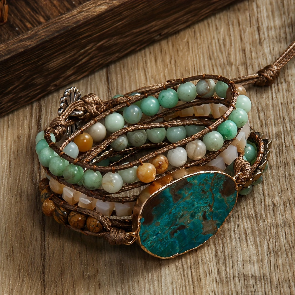 Wrap yourself in Bohemian vacation vibes with this natural stone wrap bracelet. Featuring multiple layers of beaded woven cord, this accessory is perfect for summer days and special gift occasions. Embrace the Thanksgiving holiday theme with this piece