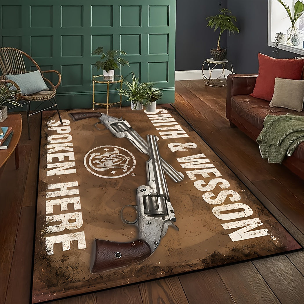 Soft and cozy 1pc Pistol Pattern Area Carpet with non-slip backing. This dirt resistant and machine washable carpet is perfect for both indoor and outdoor use as an entrance door mat or bedroom carpet. Featuring a military theme with denim revolver