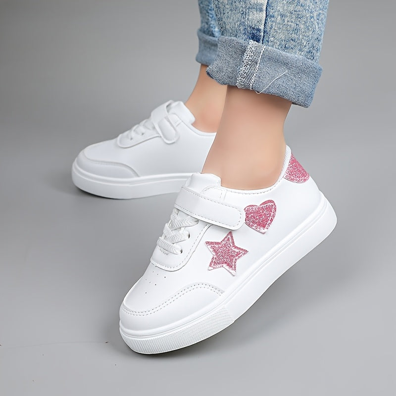 Girls' Cute Star and Heart Pattern Sports Sneakers, Low-Top Lace-Up Shoes for Outdoor Activities, Ages 14 and Under