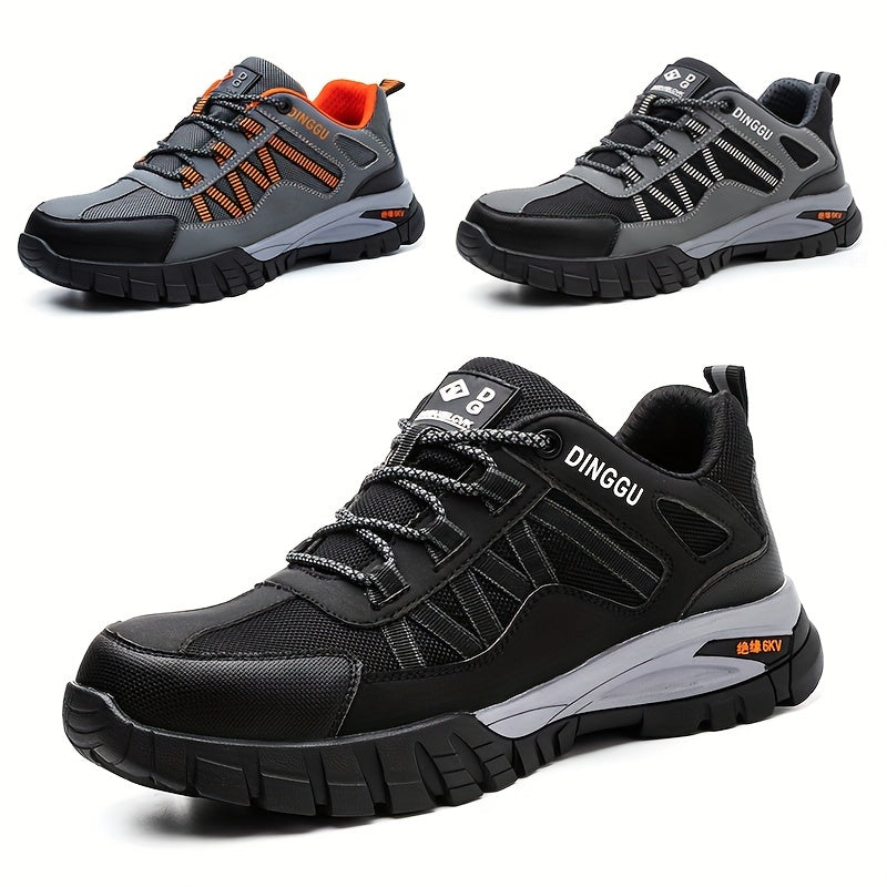 Durable steel toe work shoes with puncture-proof, non-slip and shock-absorbing features.