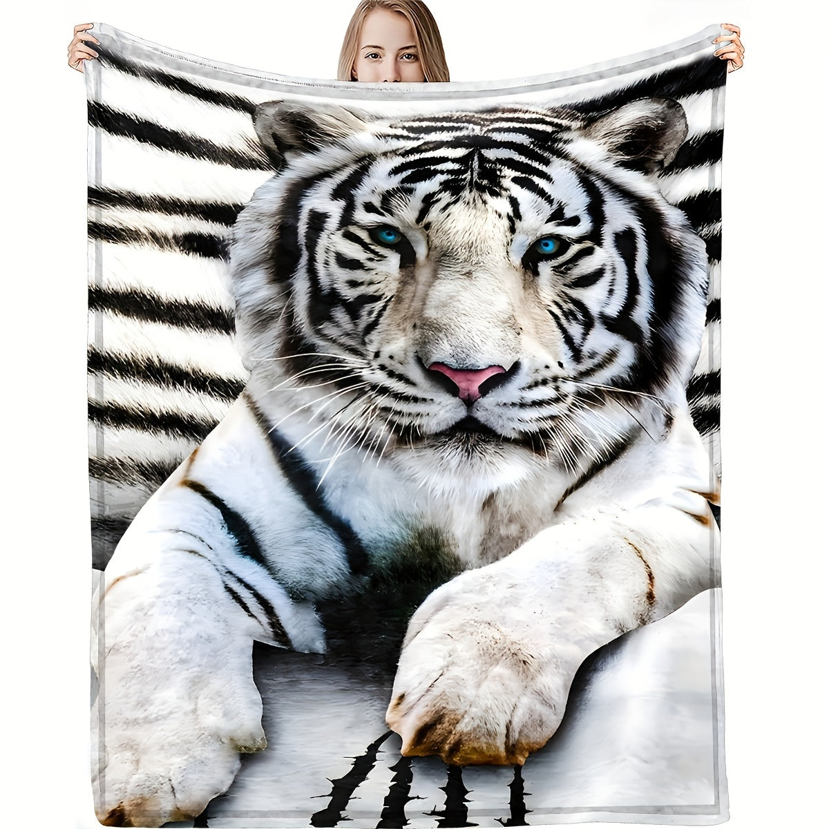 Soft and comfortable 1pc White Tiger Printed Flannel Blanket perfect for adults at home, picnic, or travel. Great as a gift too!