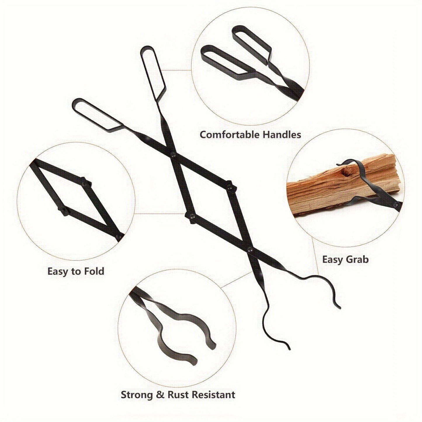 Set of heavy-duty iron fireplace tools, including an 81.28cm fire pit campfire poker stick and 66.04cm fireplace tongs. Also includes a log grabber and indoor/outdoor wall fireplace accessories kit.