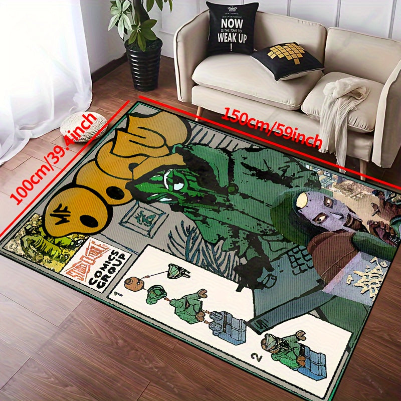 Vibrant 'Green Toy Building Blocks Comics' Non-Slip Area Mat - Available in Multiple Sizes for Living Room, Bedroom, Nursery, Entryway, and Outdoor Spaces. Made of Durable Polyester Material, Machine Washable. Perfect Addition to Your Home Decor!