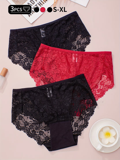 Three high rise, soft and breathable lace briefs for women's lingerie and underwear.