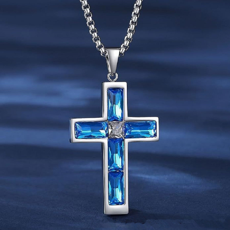 Stylish Blue Love Cross Necklace Suitable for Both Men and Women, Featuring a Glass Pendant. Ideal Gift for Romantic Partners, Friends, and Family Members