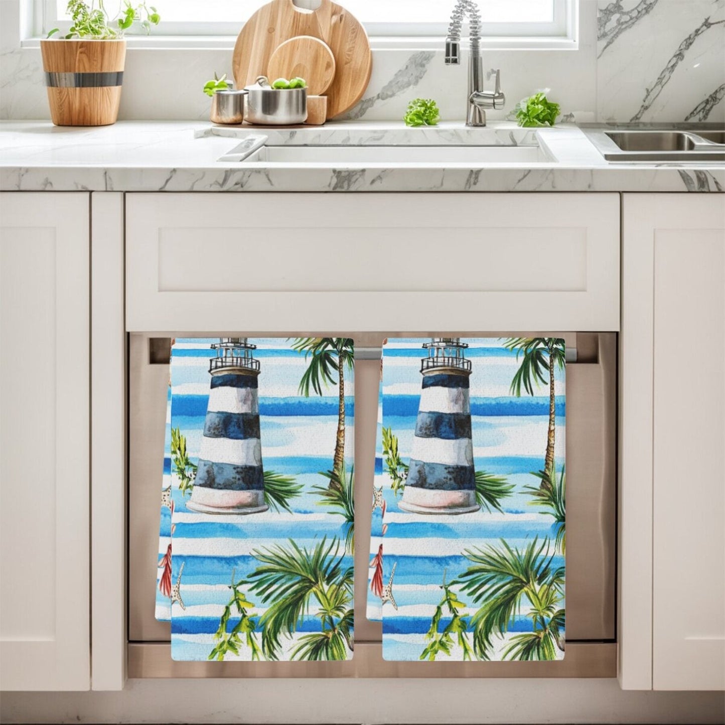 Set of 2 Tropical Lighthouse & Palm Tree Kitchen Towels - Made of Absorbent Polyester for Drying Dishes, featuring a Nautical and Beach Design. Perfect for Home Decor or Housewarming Gifts, but Hand Wash Only.