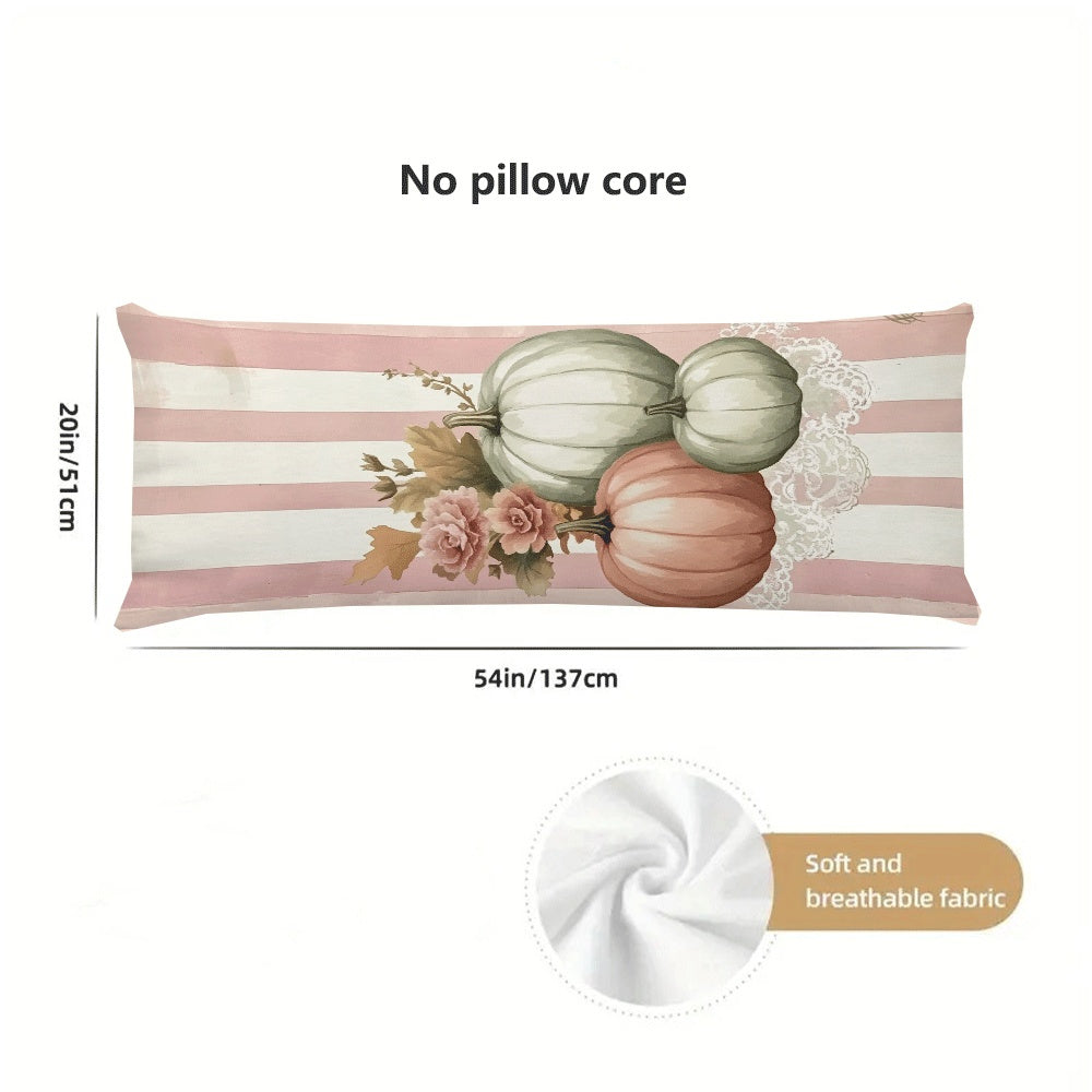 This cozy flannel long pillow cover in a pink pumpkin design measures 137.16x50.8cm. It features a zipper closure and is machine washable, making it perfect for all-season use. The casual style and love theme make it ideal for back sleepers and suitable