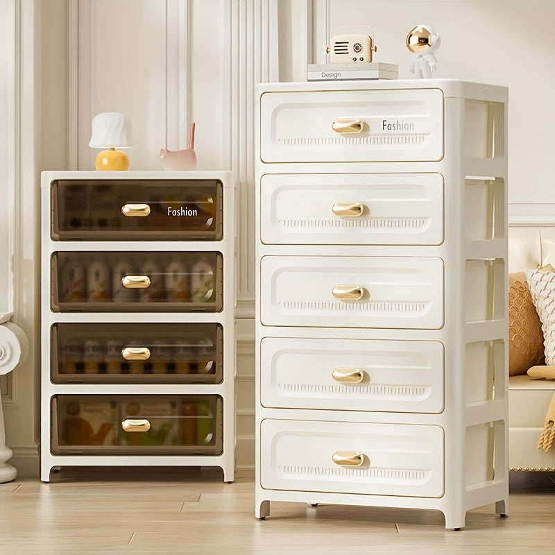 Rolling storage cabinet with drawers in white with transparent fronts, golden handles. Ideal for office, living room, bedroom. Perfect for snacks, documents, underwear, cosmetics. Great for