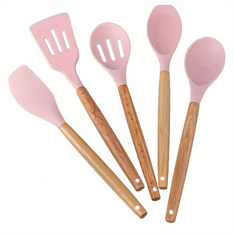 Set of 5 Kitchen Utensils with Non-Stick Coating and Wooden Handles - Ideal for Frying, Grilling, and Cooking at High Temperatures up to 400°F