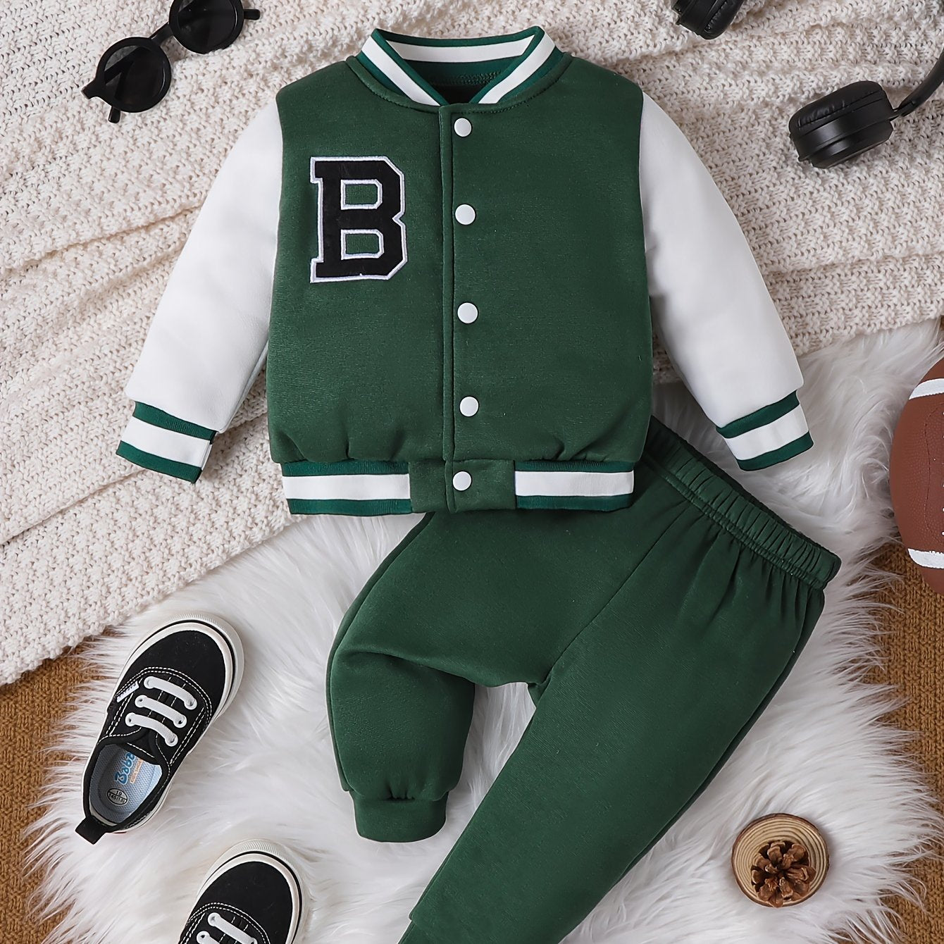 Baby boys' baseball jersey set with letter pattern, including coat top and pants for winter/fall outdoor wear.