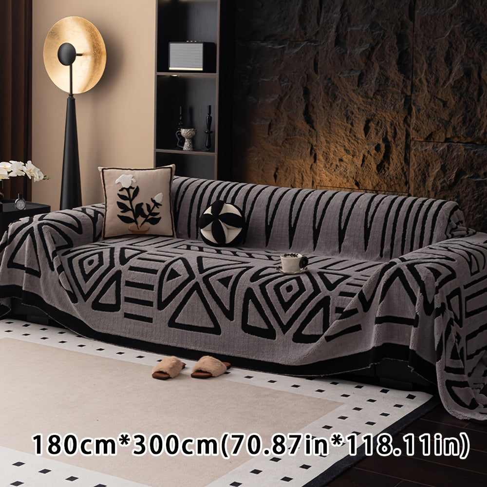 Boho style geometric sofa throw with velveteen fabric. Machine washable cover is anti-dirt, anti-slip, and pet-friendly. Made of 100% polyester for various sofa sizes.