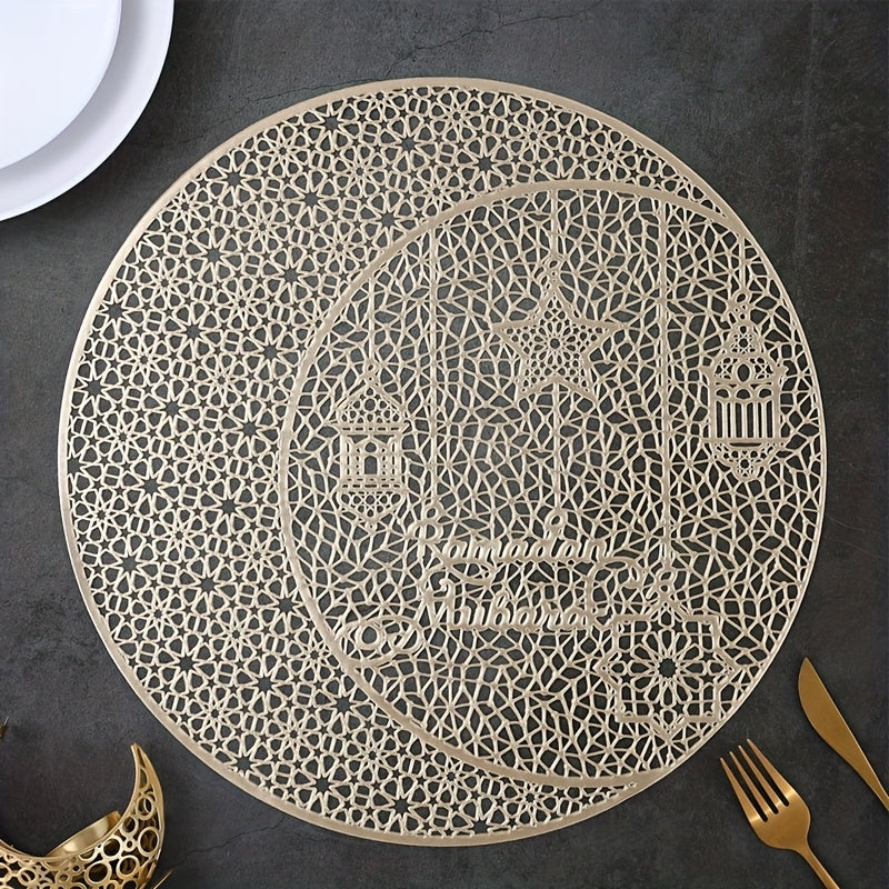 Celebrate Ramadan in style with our exquisite Golden Moon Star Hollow Cutlery Mat. This PVC round table mat measures 38.1cm and features a non-slip design, making it perfect for festive occasions. The heat-resistant and anti-scalding dining pad is ideal