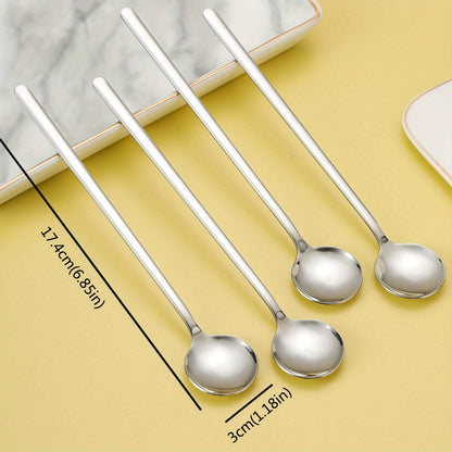 Set of 4 Stainless Steel Long-Handled Spoons - Ideal for Coffee, Milk, Ice Cream, and Honey - Beautiful Gold Finish, Small Round Design, Great for Mixing and Serving Cake