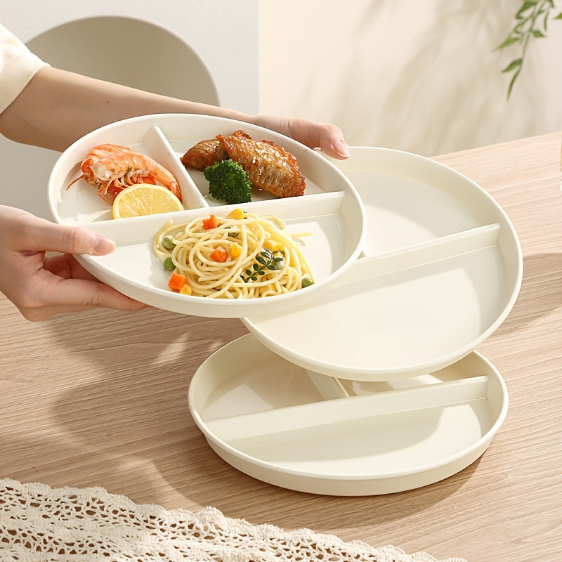 1/2/4pcs Round Plastic Partitioned Plates with 3 compartments, ideal for portion control, anti-drop, microwave and dishwasher safe, perfect for weight management and holiday meals.