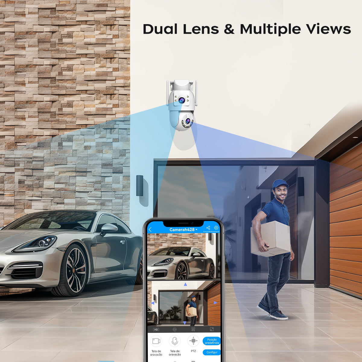 Indoor Dual Lens WiFi Security Camera with Pan Tilt, 1080p Video, Night Vision, AI Detection, 2-Way Audio, Local Recording, Wall Mountable, USB Powered, Smartphone and Amazon Alexa Compatible