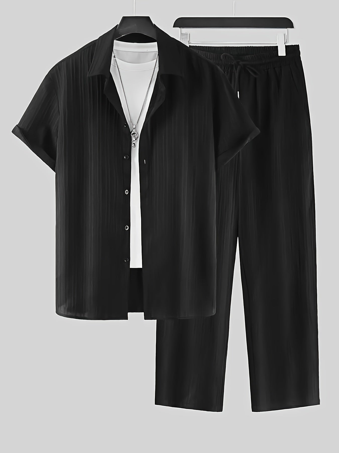 Stylish men's two-piece set with striped button shirt and drawstring pants - ideal for casual outdoor wear