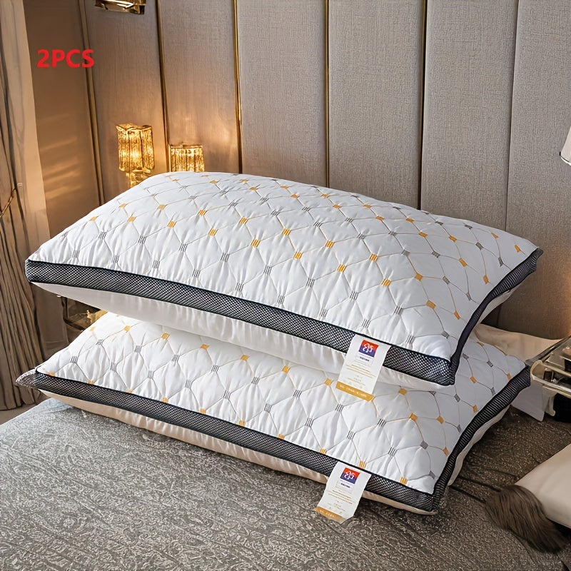 Two contemporary style quilted bed pillows made with 100% polyester hypoallergenic filling & cover. Machine washable with zipper closure, knitted no-print design. Ideal for home, dorm, and