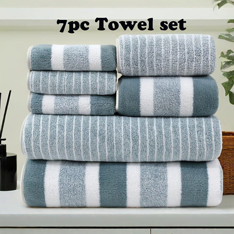 Best-selling 7pcs Striped Bath Towel Set with quick-drying, absorbent towels suitable for various uses, including hotels, sports, travel, and yoga. Ideal bathroom supplies.