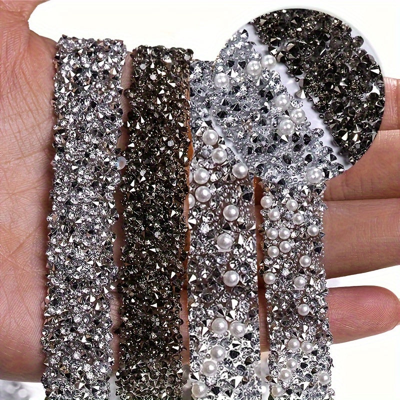 1 roll of self-adhesive crystal rhinestone ribbon for DIY crafts and decorative ornaments. Perfect for dressing up at parties like Easter, New Year, and back-to-school events.