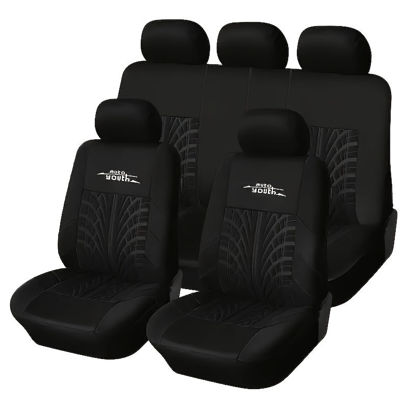 Polyester car seat cover for 5-seater vehicles, breathable and stain-resistant, with tire tread design. Fits sedans and SUVs.