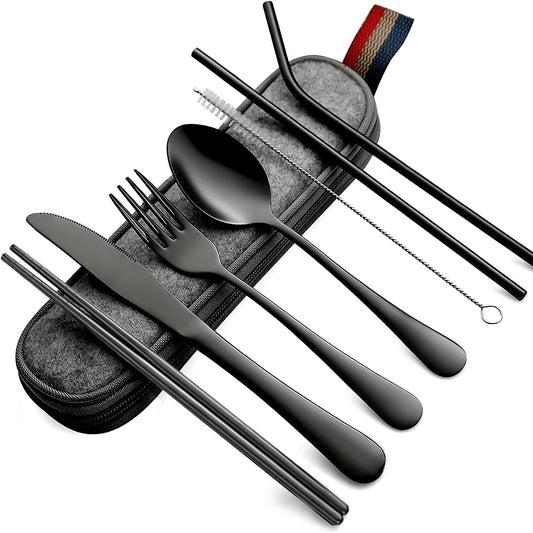 Travel camping set with 8 pieces of stainless steel cutlery includes knife, fork, spoon, chopsticks, cleaning brush, straw, and carry case.