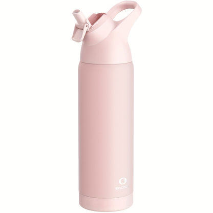 ENCOOL 24oz stainless steel water bottle with leak-proof Tritan lid, straw, and carry loop. Double wall insulated, PVC-free, round shape. Ideal for sports and travel. Hand wash only.