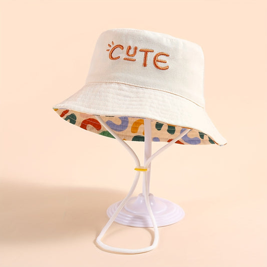 Stylish fisherman hat with cute letter embroidery, wide brim and drawstrings for sun protection and outdoor activities. Ideal for boys and girls in beach parties or traveling.