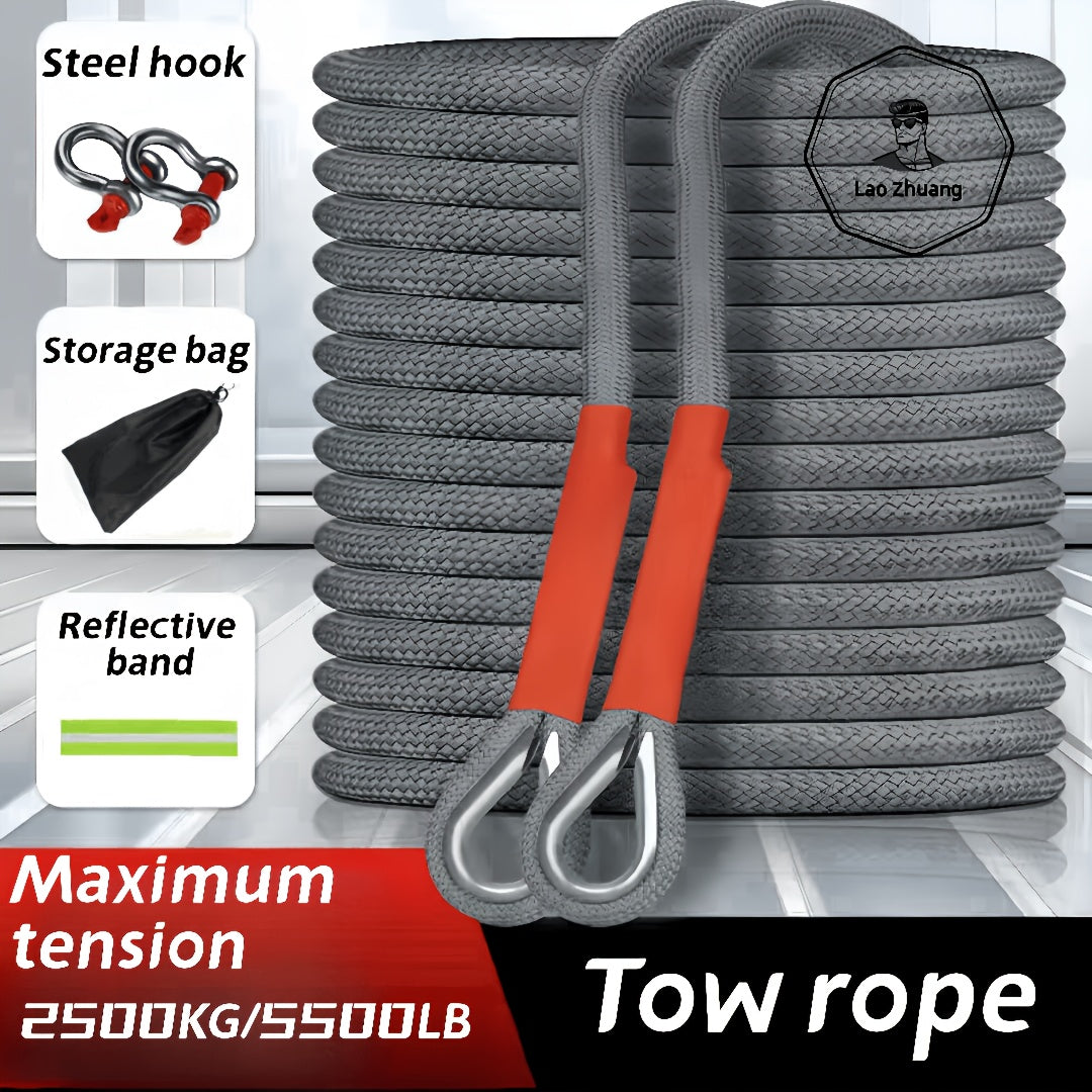 Heavy-duty tow rope for emergency car recovery with 5500lb/2500kg tensile strength, polyamide material, reflective band, steel hook, and storage bag. Can be used on the left side of the