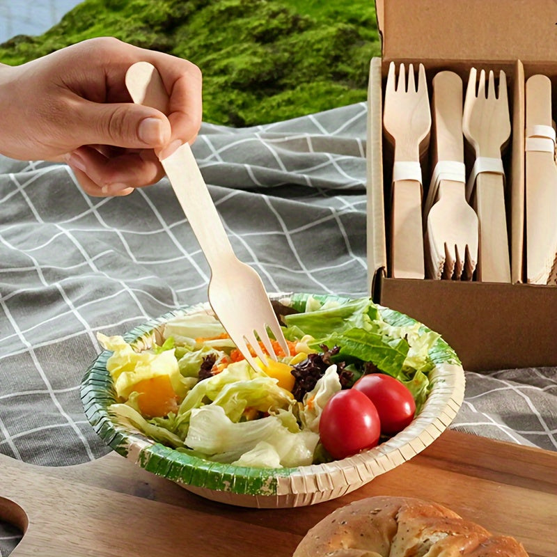 This pack includes a total of 150 disposable birch wood utensils, consisting of 50 knives, 50 forks, and 50 spoons, all measuring 16 cm each. These utensils are ideal for various events such as parties, camping trips, banquets, weddings, and picnics.