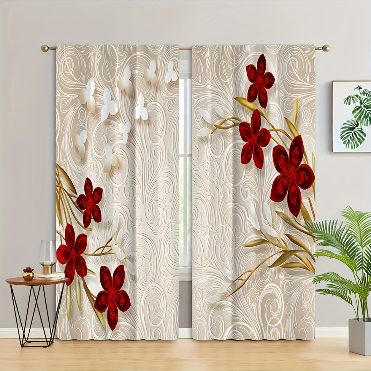 Two pieces of floral printed curtains with rod pocket design for windows, perfect for bedroom or living room window treatments and home decoration. Enhance the room decor with these beautiful drapes.