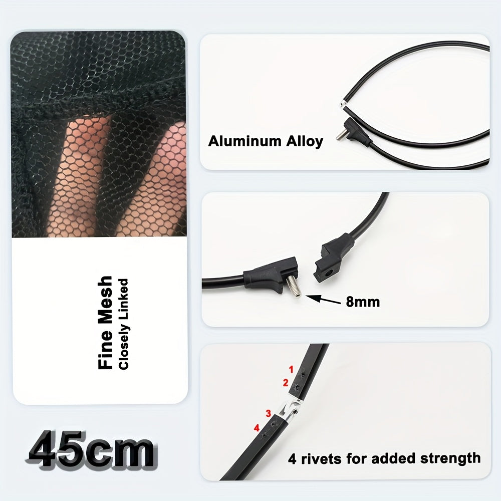 Telescopic portable net set with ultra-short design and anti-slip handle. Made with carbon cloth material pole and dense hole nylon net. Features a universal connection port and can be