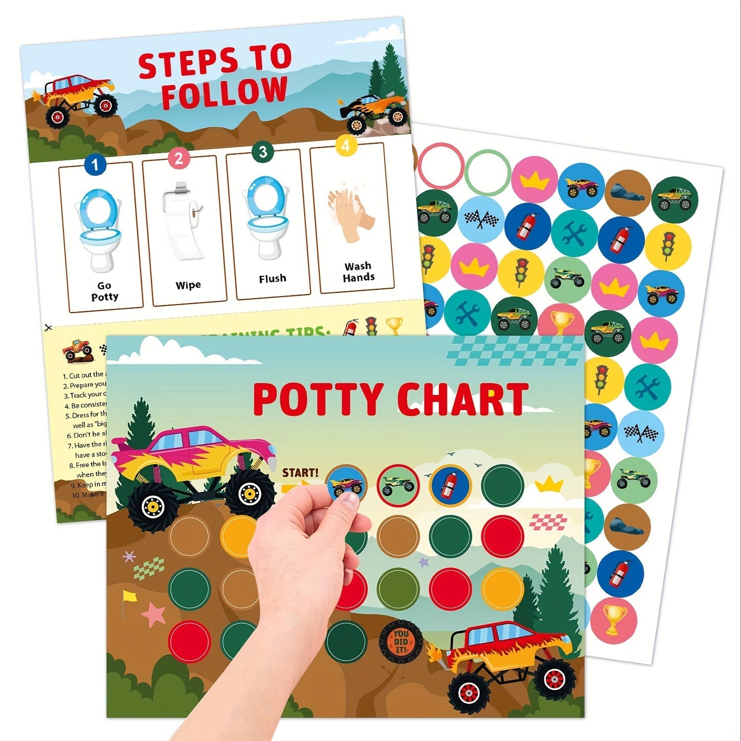 Sticker charts for children's toilet training featuring mermaid, car, and farm designs. Includes stickers for Christmas, Halloween, and Thanksgiving gift rewards.