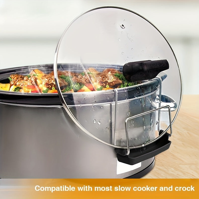 Durable Stainless Steel Pot Lid Holder Features Silicone Drip Tray - Compatible with Most Slow Cookers & Pots, Helps Maintain Clean Countertops, Easy to Clean in Dishwasher.