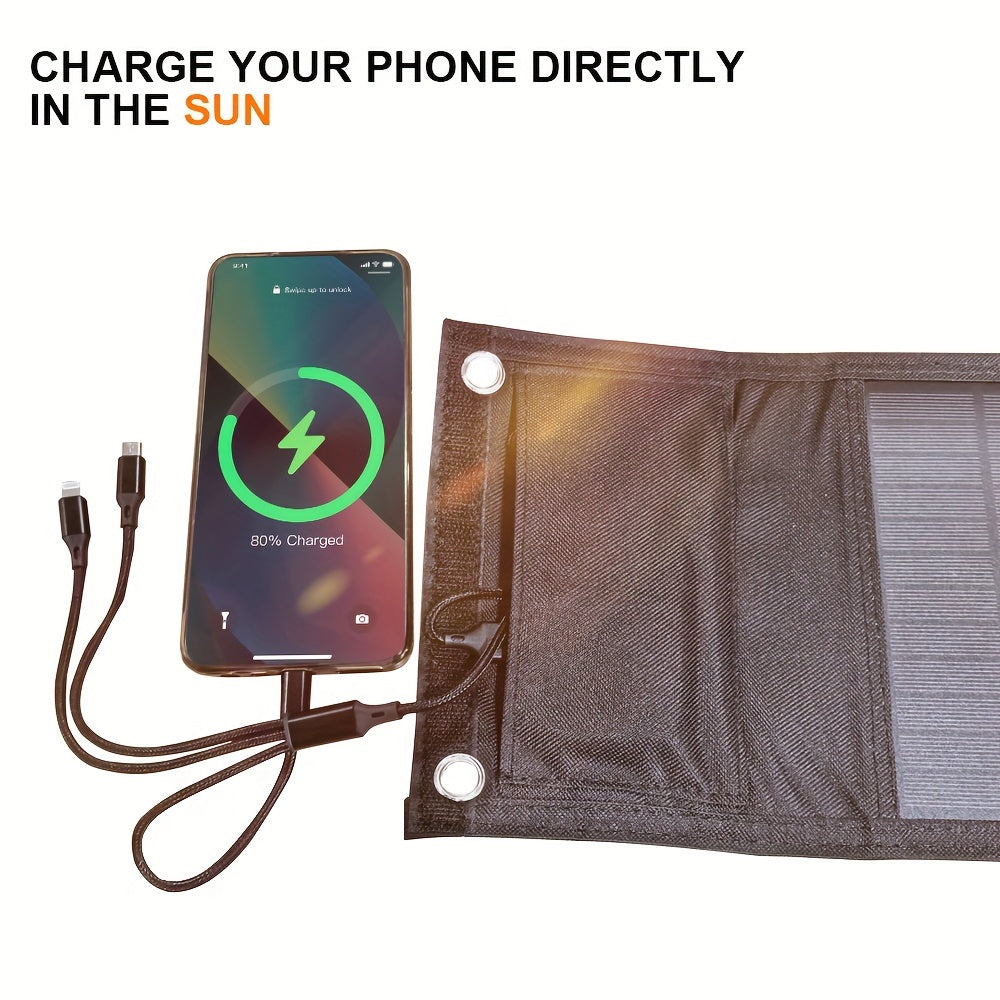 60W Portable Folding Solar Panel Charger with USB for phone charging, with carabiner and cable, from Smaraad Renewable.