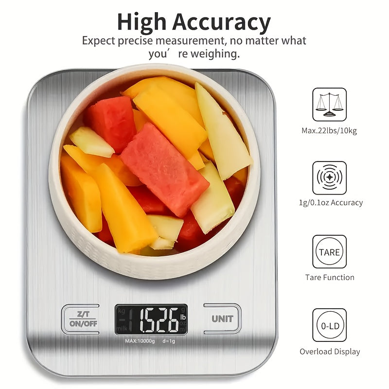 Digital Kitchen Scale, Stainless Steel Food Scale with LCD Display, Portable Electronic Weighing Tool. Battery Operated, Made of ABS Material. Non-Food Contact. Includes 2 AAA Batteries (Not Included). Ideal for Coffee, Baking, and Cooking Measurement.