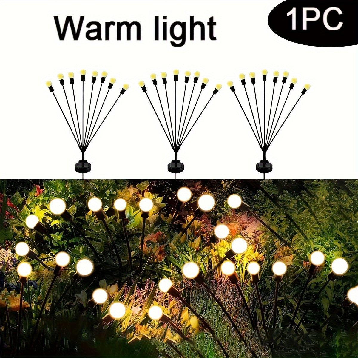 Solar LED firefly lights for outdoor garden decoration, ideal for parties, weddings, and landscapes. Available in packs of 4, 8, or 12 LEDs.