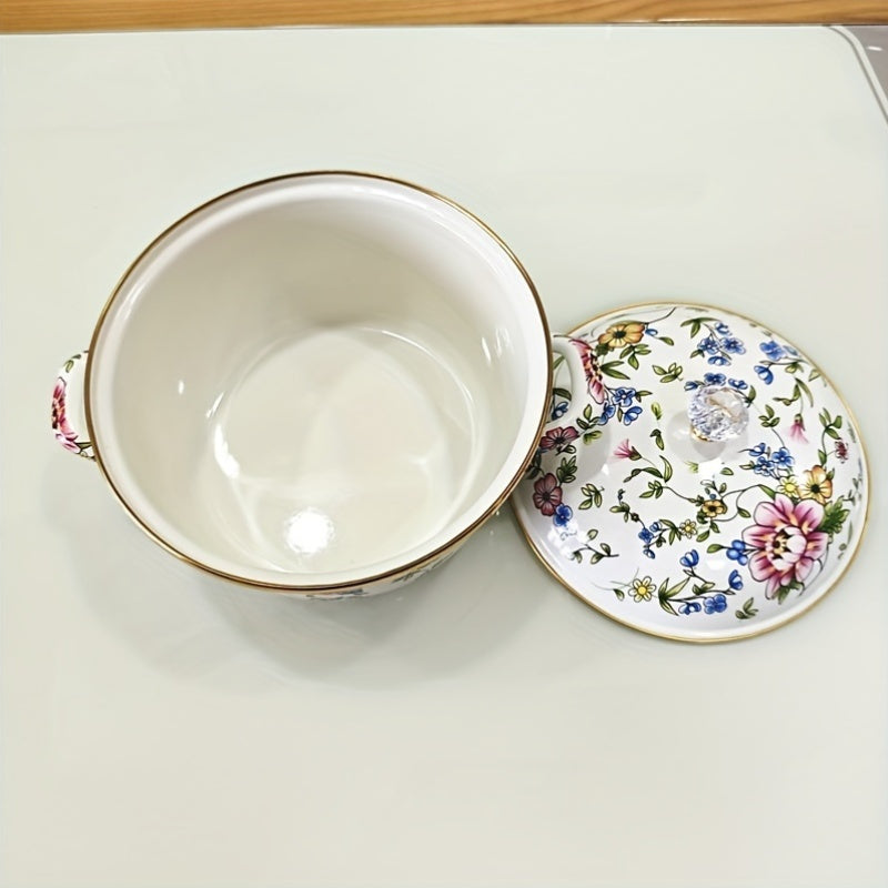 Enamel Stockpot with Lid, Floral Design and Double Handle Cooking Pot for Home Kitchen Soup, Stew, and Casseroles.