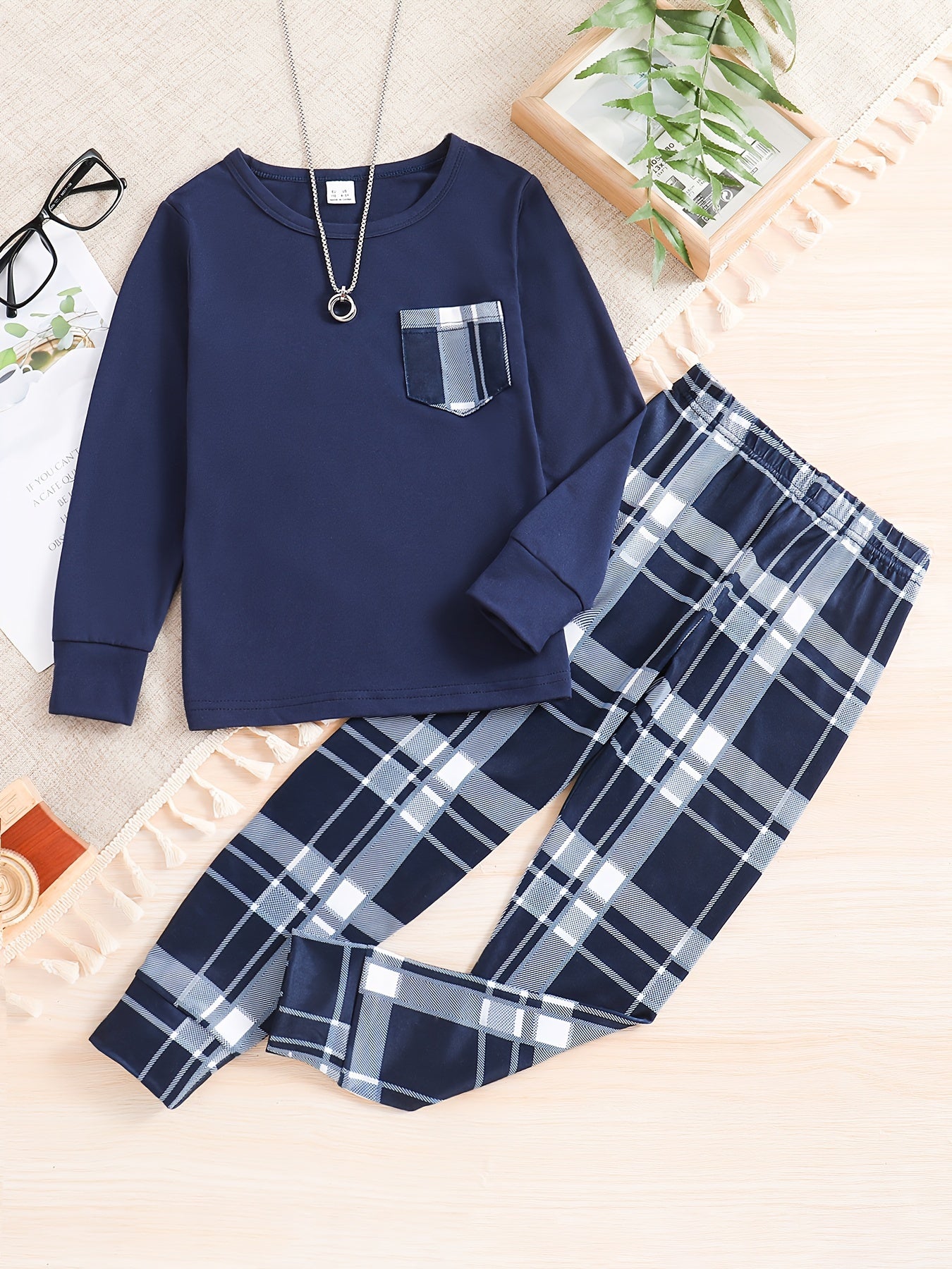 New Boys' Cozy Plaid Pajama Set for Spring/Fall - Long Sleeve Top & Pants, Machine Washable