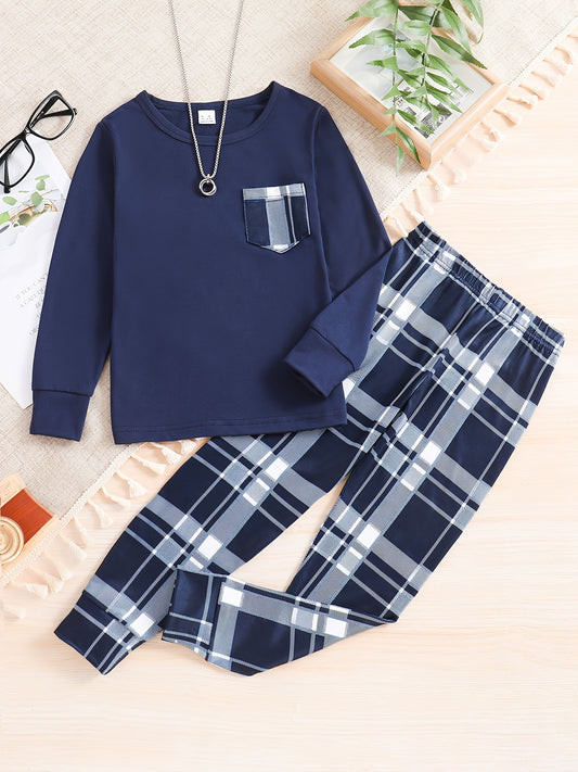 New Boys' Cozy Plaid Pajama Set for Spring/Fall - Long Sleeve Top & Pants, Machine Washable