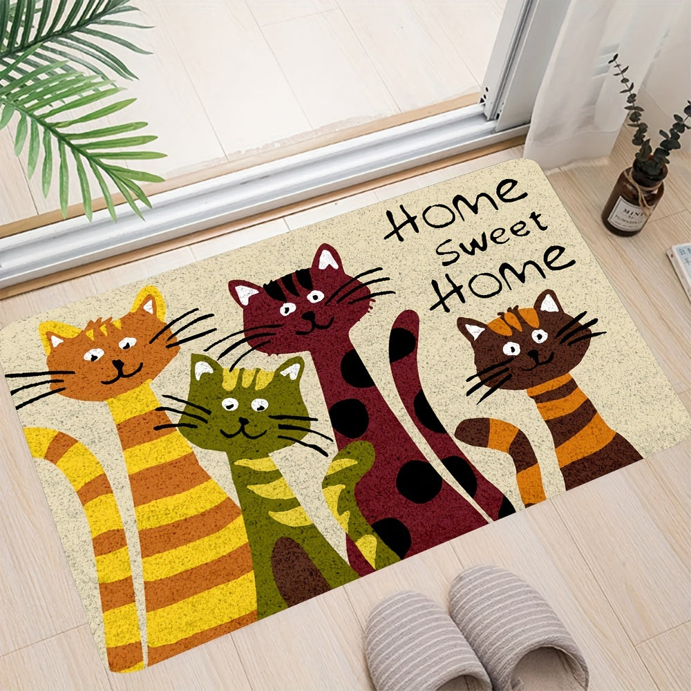 Adorable Cartoon Cats Doormat - Featuring Machine Washable Polyester Material and Non-Slip Backing - Stylish Flower Pattern Ideal for Living Room or Bedroom Décor