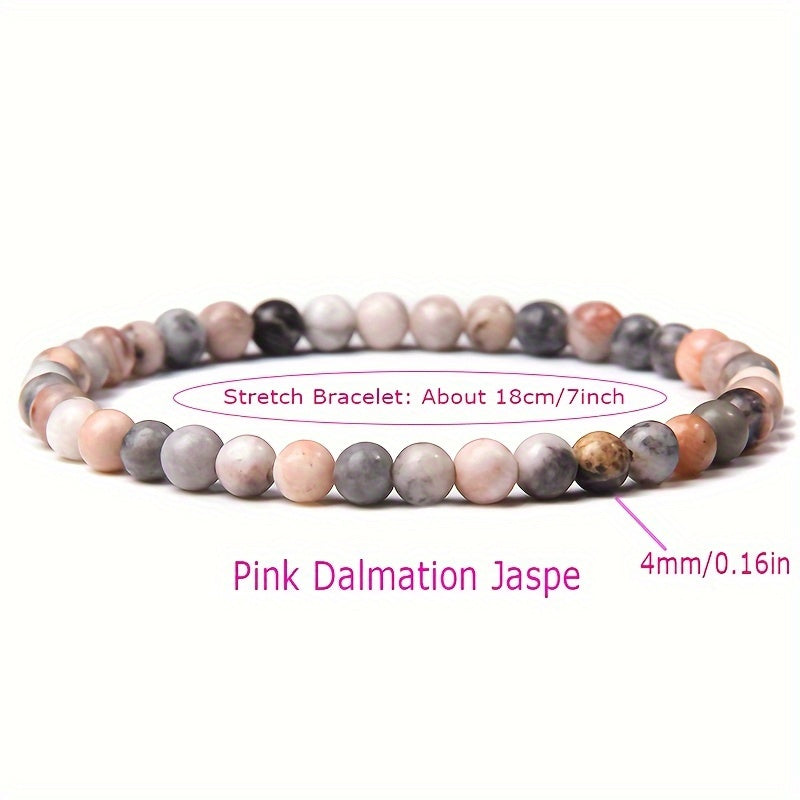 Set of 10 Boho Chic Natural Stone Beaded Bracelets featuring 4mm Round Healing Crystals. Perfect Energy Yoga Jewelry for Women, suitable for daily wear or on vacation. Includes a mix of Assorted Agate, Jasper, and Onyx stones.