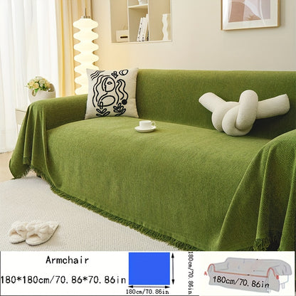 Contemporary chenille sofa throw, waterproof baby fleece cover, universal fit for all-season use. Features tassel embellishment and is machine washable. Made of 100% polyester, suitable for various furniture sizes in different rooms.