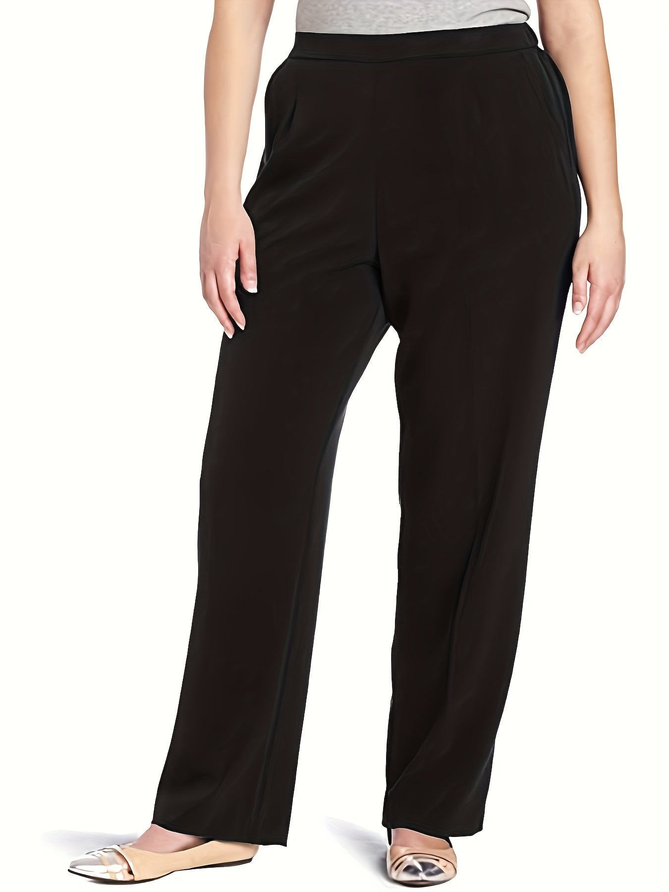 Stylish high-waisted straight-leg pants for plus-size women, made from stretchy polyester with pockets. Ideal for spring and fall.