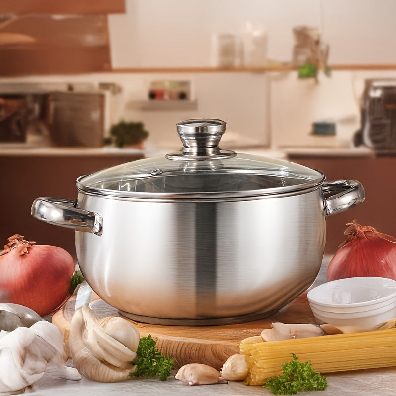 7-Piece Induction Compatible Stainless Steel Cookware Set with Glass Lids, Ergonomic Handles, Includes 3 Stockpots, Ladle, Ideal for Soup, Stew, and Cooking. Dishwasher Safe and Comes with a Bonus Essential Kitchen Gift.