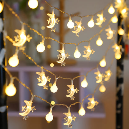 Moon and star Ramadan string lights, battery operated, plastic material, perfect for Eid celebration and indoor room decoration. Great for bedroom walls, wedding parties, and holiday