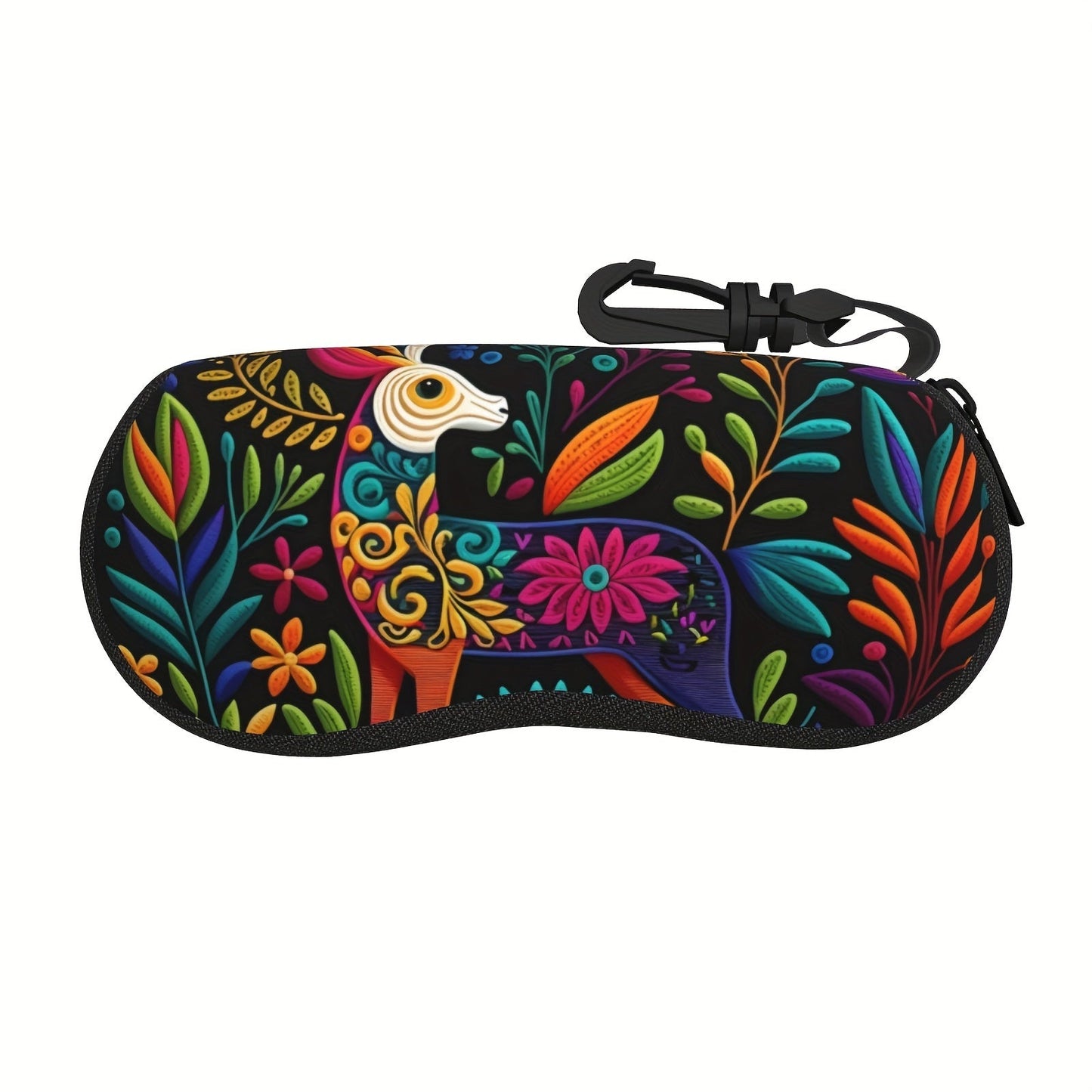 Waterproof glasses case with keychain featuring Mexican floral art design. Made of ultra-light and soft neoprene, this reading glasses holder is perfect for both men and women.