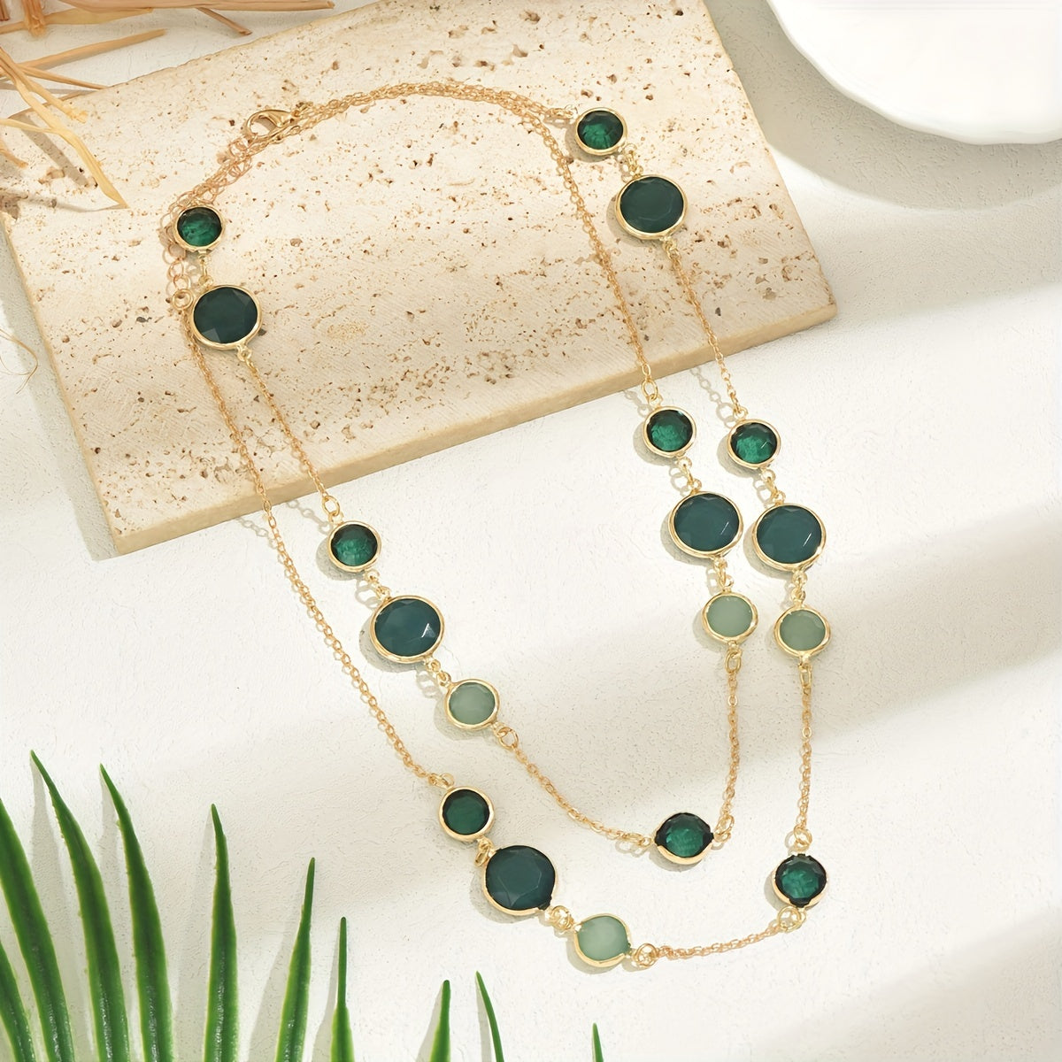 Stylish Long Layered Necklace designed for Women, Features a Minimalistic Iron Chain adorned with Plastic Gemstones, Perfect for both Everyday Wear and Special Occasions, Complete your Look with this fashionable Jewelry Ensemble.