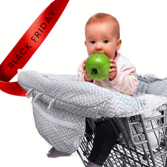 Soft and machine washable shopping cart cover made of polyester for comfort. Available in gray, white, blue, and black colors.