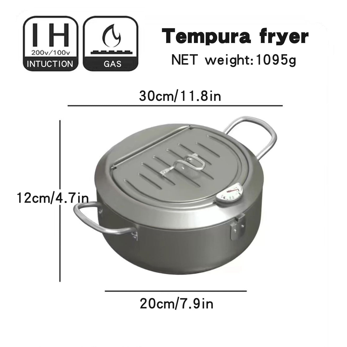 A stainless steel household deep fryer with tempura capabilities, featuring oil splash prevention, visible oil temperature gauge, easy cleaning, and compatibility with both gas stoves and induction cookers.